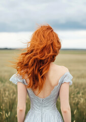 Woman with red hair in a silver dress outdoors under cloudy sky