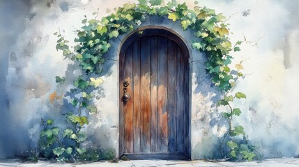 Watercolor classic farmhouse doors with brass knockers and ivy-covered walls. Rustic Wooden Door with Ivy Archway