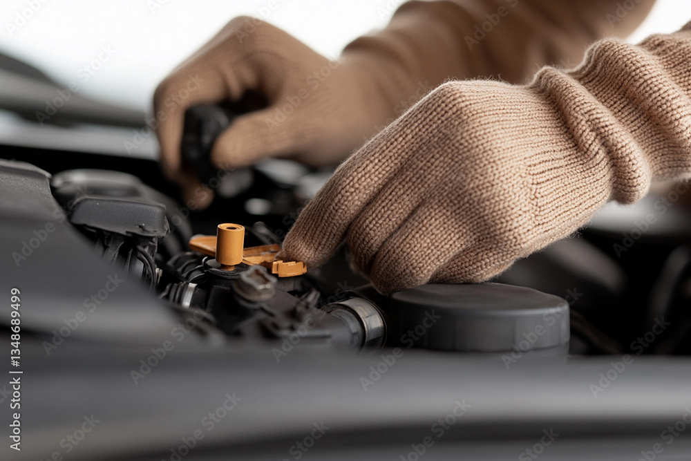 Poster mechanic performing maintenance by cleaning and replacing a part in a vehicle engine during daylight