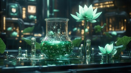 Futuristic lab, blooming lotus, emerald liquid, research