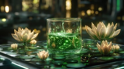 Futuristic lab, glowing lotus flowers, glass with green liquid,  abstract scientific scene