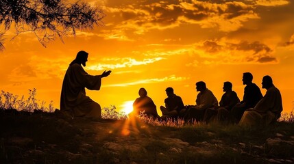 Silhouette of Jesus delivering the Beatitudes on the mount.