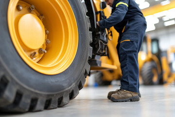 Fototapeta premium Mechanic repairs large industrial vehicle in workshop during daytime