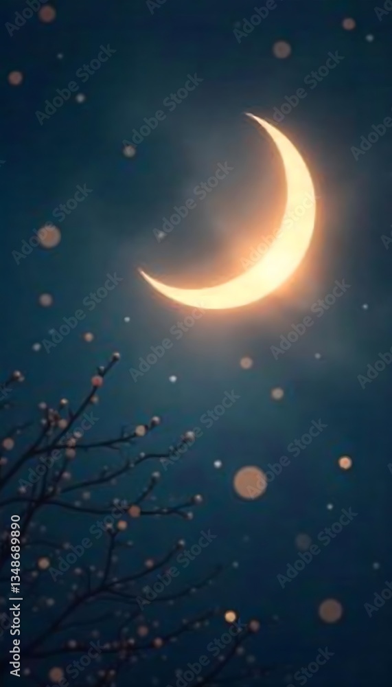 Poster generative ai image of dreamy crescent moon in the night sky with bokeh effects