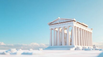 Fototapeta premium Greek Temple Ruins White Columns, Blue Sky Minimalist Scene, Ancient, Architecture