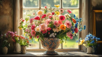 Colorful flower arrangement in ornate pot at sunny window, vintage interior