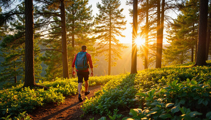 Obraz premium Man hiking through serene forest at sunset, embracing nature’s beauty