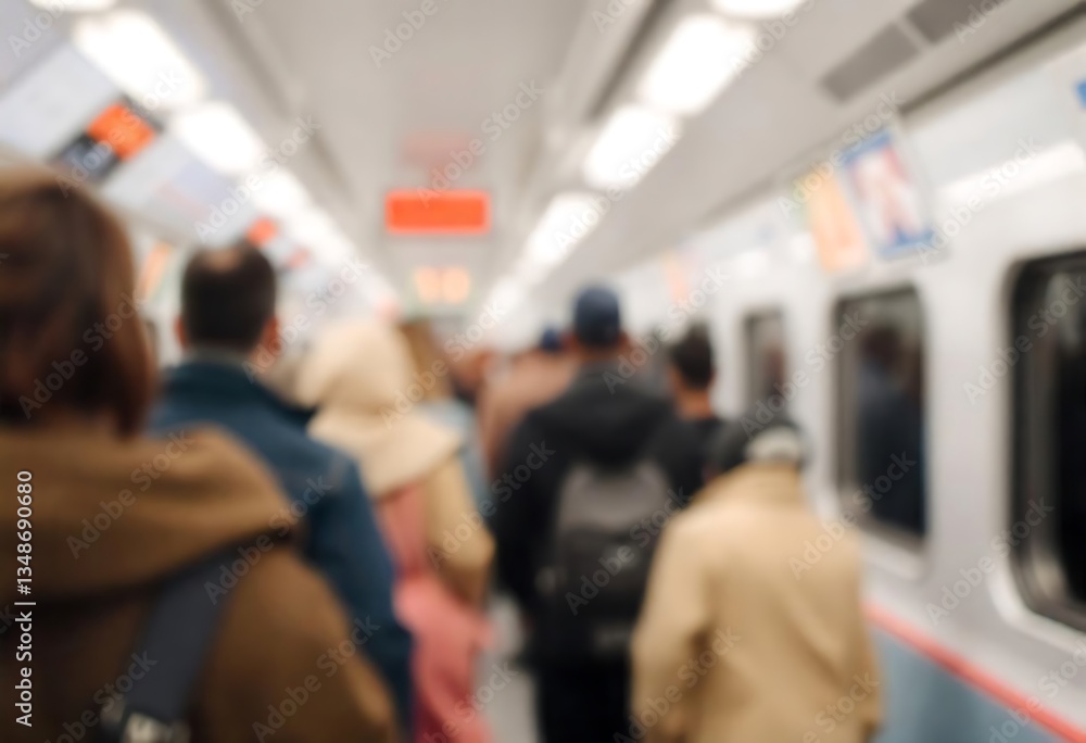 Poster generative ai image depicting a blurry group of commuters on a subway train