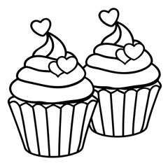 Whimsical Cupcake Line Art Featuring Heart Motifs