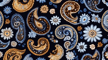 Elegant Paisley and Floral Pattern in Blue and Gold Tones, wallpaper, textile