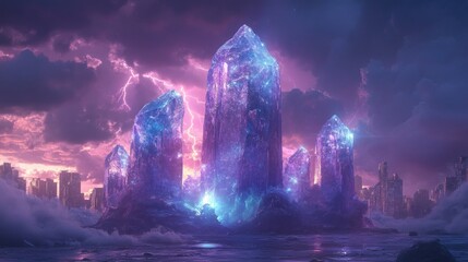 Crystal Towers Arise Over Cityscape at Sunset During Storm