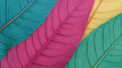 Obraz premium Colorful Leaves Close-Up Detailed Veins in Pink, Yellow, Green, Nature , Texture
