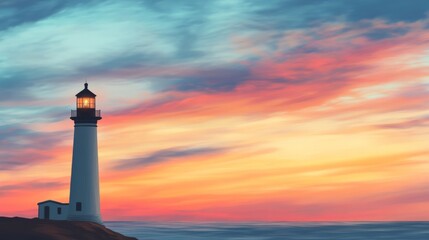 Coastal Beacon Lighthouse at Sunset, colorful sky , seascape