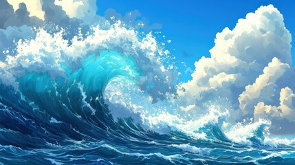 Naklejka premium Ocean wave, blue sky, dramatic clouds, artistic style, background image, nature, digital art