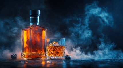 Premium whiskey bottle and glass, dramatic lighting