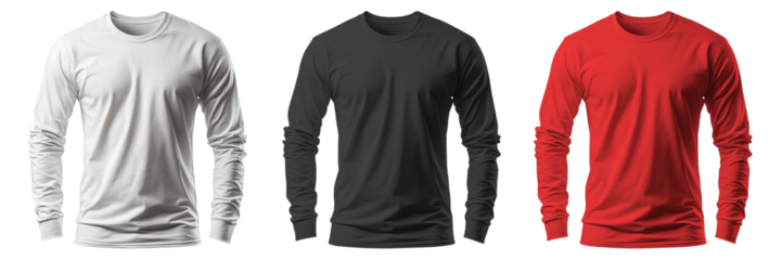 collection red, black, white long sleeve t shirt cotton combed isolated on transparent background, generative ai