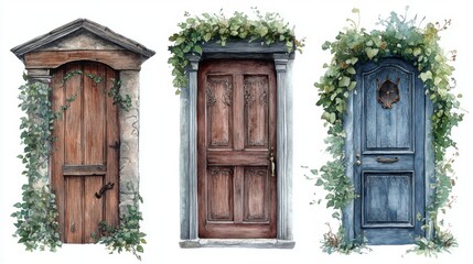Watercolor classic farmhouse doors with brass knockers and ivy-covered walls. Three Vintage Doors with Ivy: Watercolor Painting
