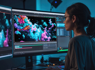 Digital artist adds chaotic effects to a video clip on screen: extreme color, transitions, visual effects. Modern workspace: dual monitors, RGB keyboard, cool blue ambience