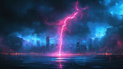 Night city storm, lightning strike, reflected cityscape, dramatic lighting