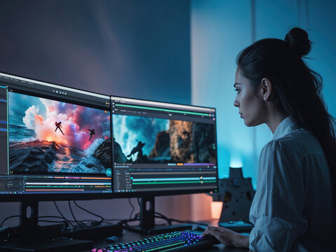 Digital artist adds chaotic effects to a video clip on screen: extreme color, transitions, visual effects. Modern workspace: dual monitors, RGB keyboard, cool blue ambience