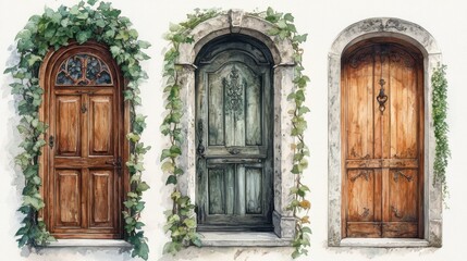 Obraz premium Watercolor classic farmhouse doors with brass knockers and ivy-covered walls. Three Watercolor Paintings of Aged Wooden Doors with Stone Arches and Ivy