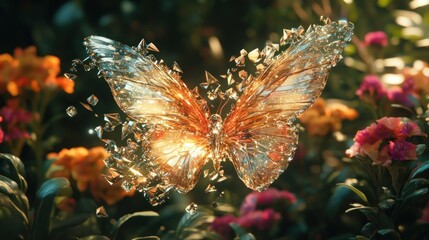 Shattered butterfly, garden flowers, glowing wings, digital art, for posters