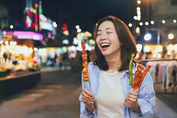 Happy young Asian woman walking in the night market,woman enjoying street food at local night market