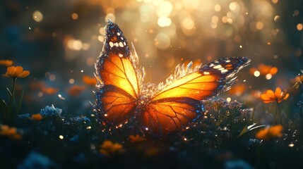 Golden butterfly, dew drops, meadow, sunrise glow