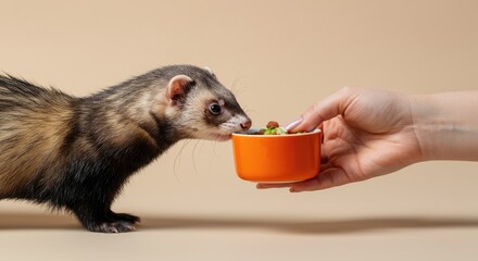 Ferret being hand-fed food from orange bowl