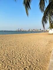 Obraz premium Pattaya. Sunlit beach in Thailand with city skyline and palm trees on a clear day