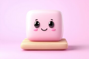 Cute pink cube shaped character, sitting on wooden stand