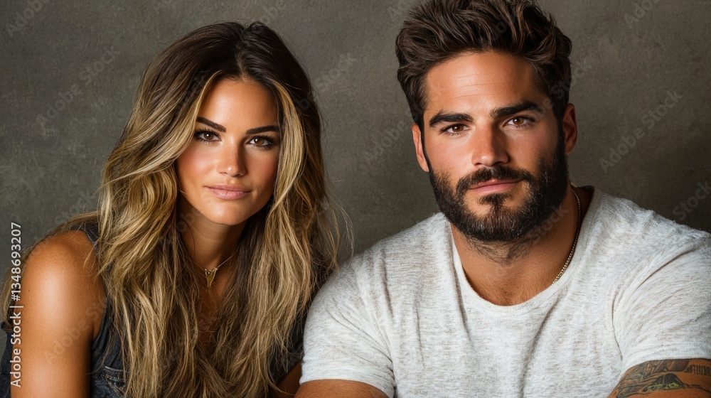 Poster attractive couple posing with a relaxed expression in casual attire against a dark studio background