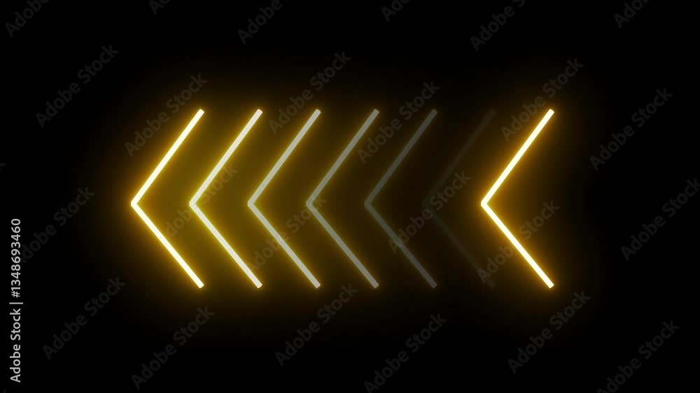 Poster seven 7 shapes of glowing yellow neon arrows fade in and fade out motion animation graphic, right to
