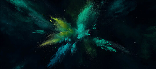 A black background features an explosion of blue, green, and yellow powder in the center, creating a vibrant and dynamic visual effect with vivid color contrasts and energy.