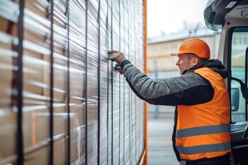 A truck driver inspecting the cargo, adjusting the load and checking the securement from the cabin