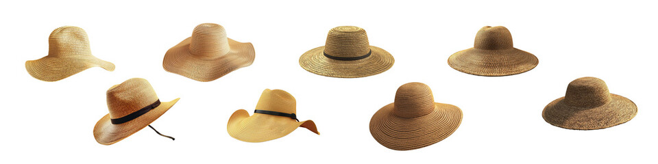 Various Types of Wide Brim Hats on White Background for Fashion