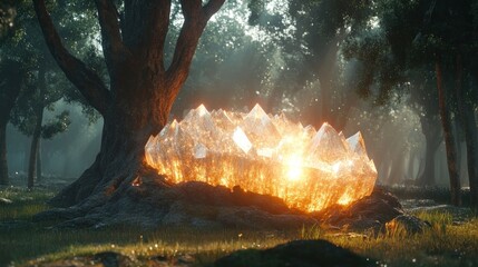 Enchanting crystal formation, bathed in sunlight, forest floor, mystical glow