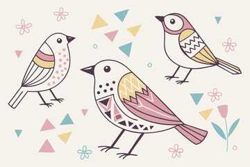 12 Colorful abstract bird shapes, whimsical bird icons, minimalist bird designs, pastel color palette, playful geometric patterns, folk art inspired birds, hand-drawn style, flat design, quirky avian 