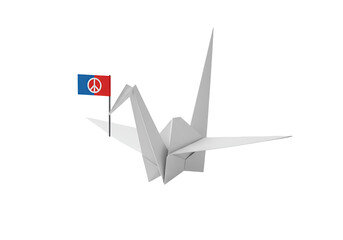 White Origami Crane Holding Peace Flag in Beak, Minimalistic 3D Rendering