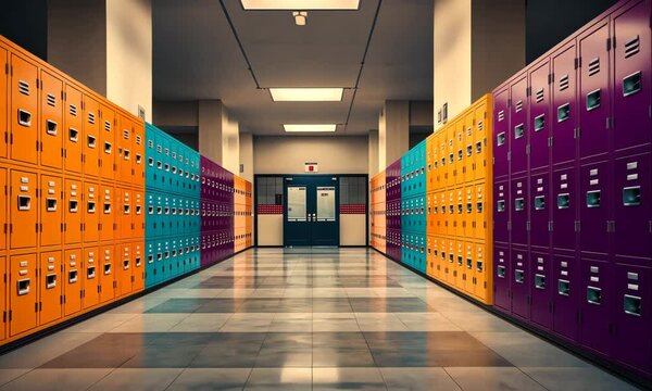 empty school corridor with colorful lockers animation