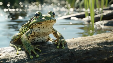 Obraz premium Frog on log by pond in sunlight