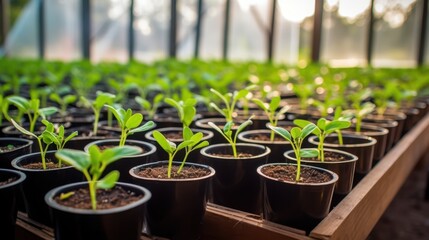 many small seedlings in pots growing from soil