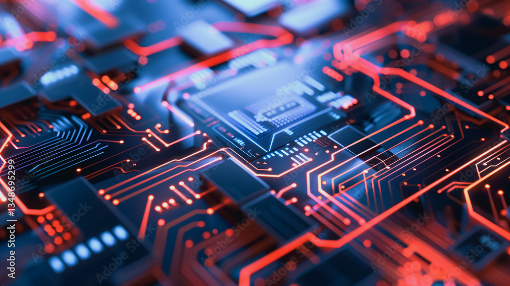 Poster circuit board: a close-up of a modern circuit board, displaying intricate electrical pathways, glowi