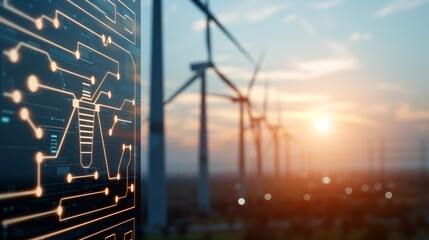 Fototapeta premium Wind turbines and digital circuit board representing renewable energy technology at sunset