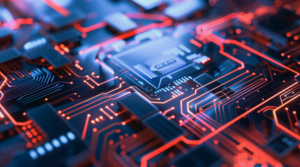 Circuit Board: A close-up of a modern circuit board, displaying intricate electrical pathways, glowing in a vibrant array of blue and red.