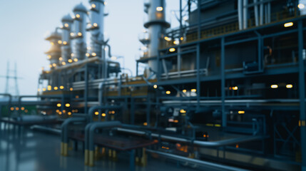 Fototapeta premium Industrial Complex: A blurred, atmospheric shot of an industrial complex with intricate pipes, towers, and structures. The image captures the essence of industry, infrastructure.