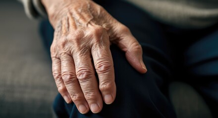 Fototapeta premium Close-up of elderly person's wrinkled hand resting on their knee, signifying aging and wisdom
