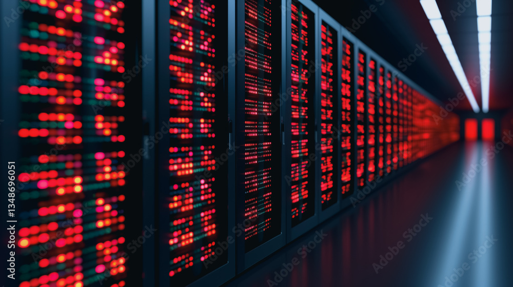 Poster data fortress: server racks glow with a mesmerizing red light in a cutting-edge data center, symboli