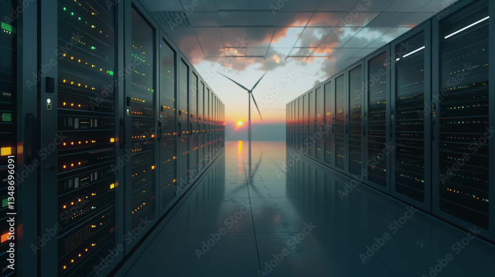 Poster data center with energy: a futuristic data center, illuminated by rows of servers, opens to a tranqu