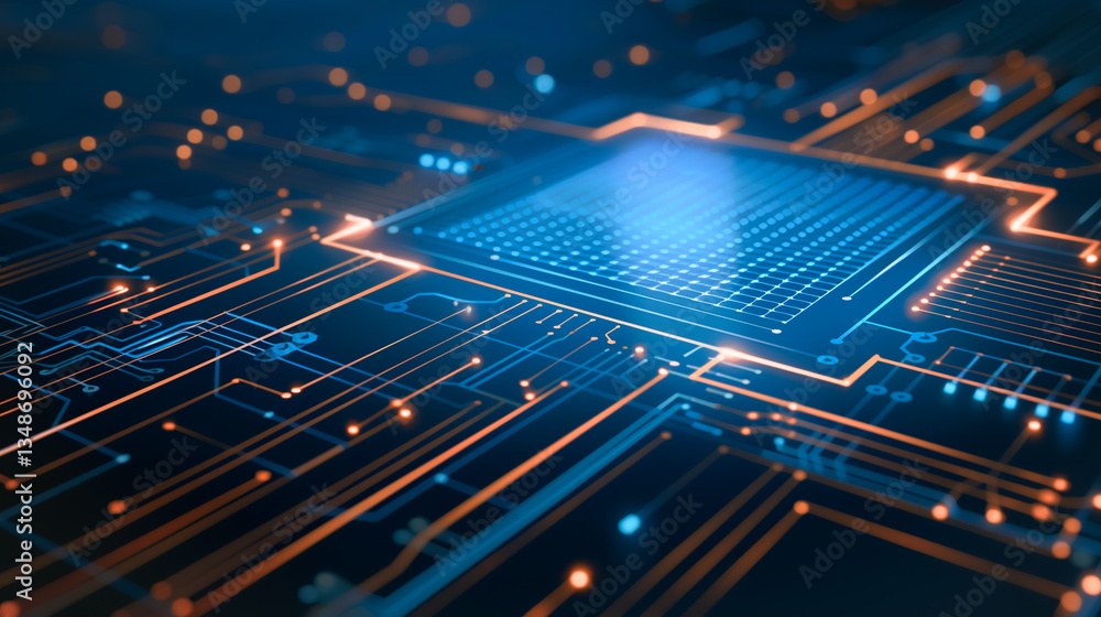 Poster advanced microchip: a close-up, immersive view of a cutting-edge microchip, its intricate circuitry 